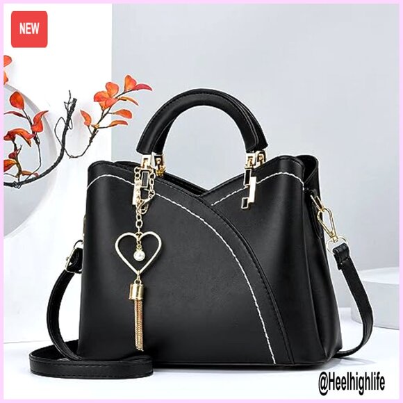 Small PU Leather Crossbody Shoulder Bag with Metal Pendant, 9x4x7 Inches - Picture 3 of 7